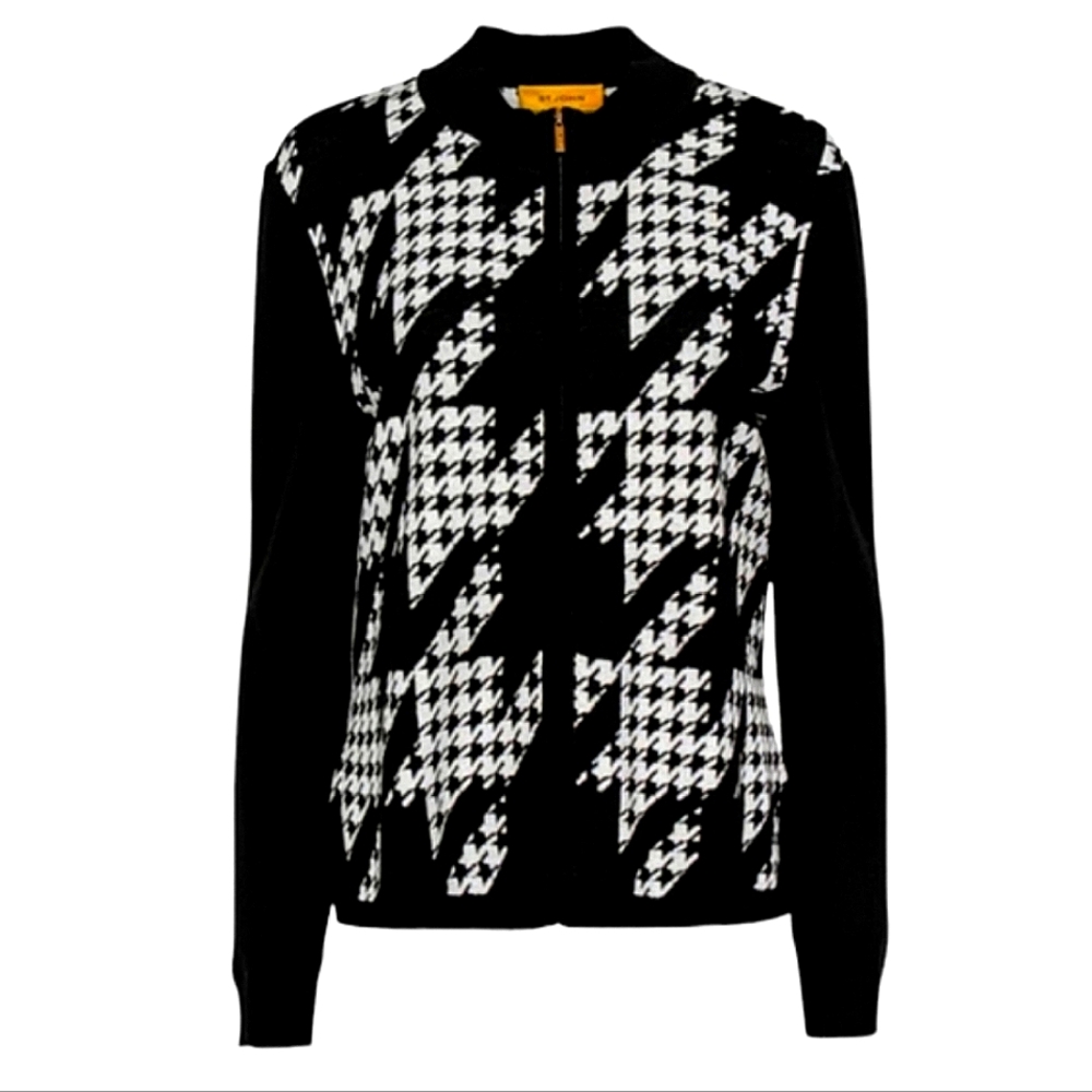 St. John - Black & White Houndstooth Print Zip-Up Knit Jacket